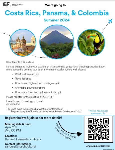 Excited to host a trip for students and families in the summer of 2024. RSVP using the link or QR code if you’d like more information and can attend the interest meeting on April 11th at 6:00 pm. 
bit.ly/3TSwxZj