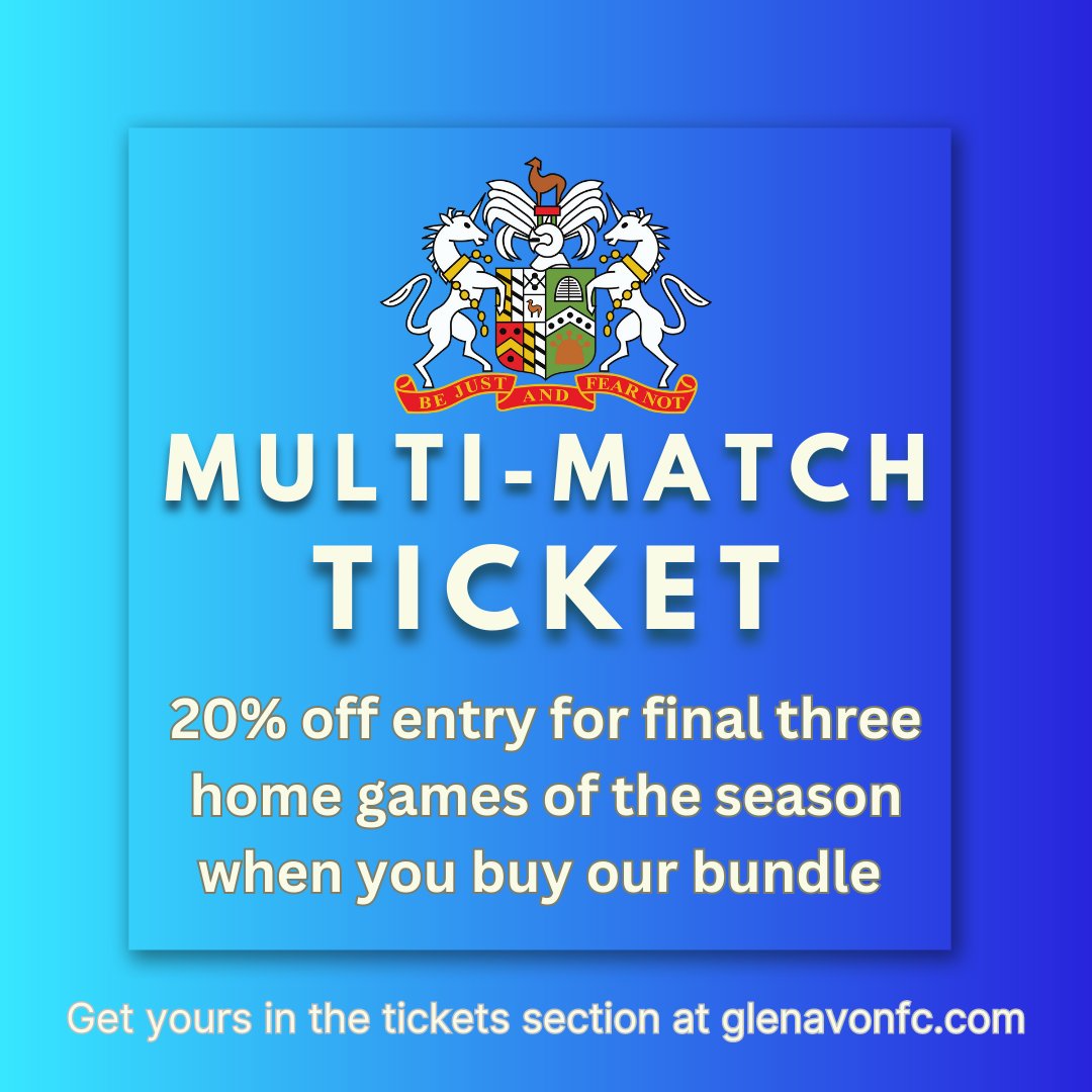 Save 20% when you buy a ticket bundle for our final games of the season!
🔵 Dungannon Swifts (April 7, 7.45pm)
🔵 Ballymena Utd (April 11, 7.45pm)
🔵 Portadown (April 29, 5.30pm)
Adults was £36 - now £30 | Concessions was £24 - now £20
Get yours now at glenavonfc.com/ticketing-2/