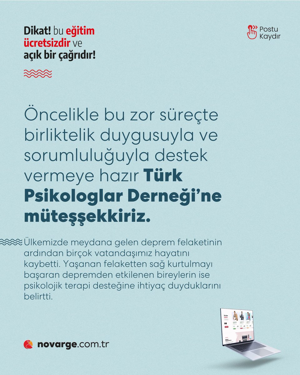 Türk Psikologlar Derneği <a href="/TPDBilgi/">Türk Psikologlar Derneği</a>  ve #Novarge iş birliğiyle düzenlenen Afetlerin #Psikososyal Etkileri ve Başa Çıkma Yolları eğitimini, afetten etkilenen bireyler ve tüm vatandaşlarımızın ücretsiz olarak kullanımına sunmanın mutluluğunu yaşıyoruz. 👇