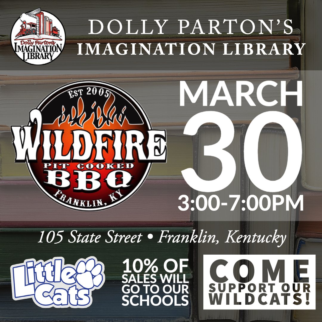 spirit1168's tweet photo. 📚📚Books & BBQ🐖🐖
Tonight from 3-7pm @wildfirebbq, 10% of the sales benefits Simpson Co Chapter of @dollyslibrary
#1FS #dollyslibrary #FRYSC #itsforthekids
@FS_Schools @FESLittleCats @GoodnightMemLib https://t.co/ePGF9tg1Dd