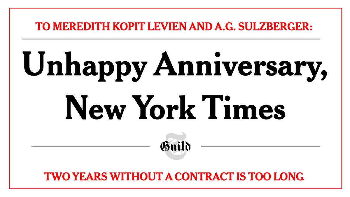 New York Times CEO Meredith Kopit Levien's 2022 paycheck: $7.6 million. Years without a @NYTimesGuild contract: Two. Amount of patience we have left: Zero. Sign our letter to tell @nytimes execs that enough is enough: actionnetwork.org/letters/tell-t…