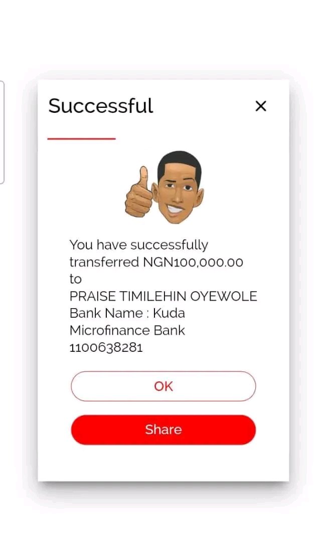 PraiseTimi090's tweet photo. @joinkuda 
Account number 1100638281 received the sum of 100k and it's yet to be credited into the account. 
Transction ID 000004230329125828287211368871
It did not reflect on my Kuda app https://t.co/gYWmoakCJa