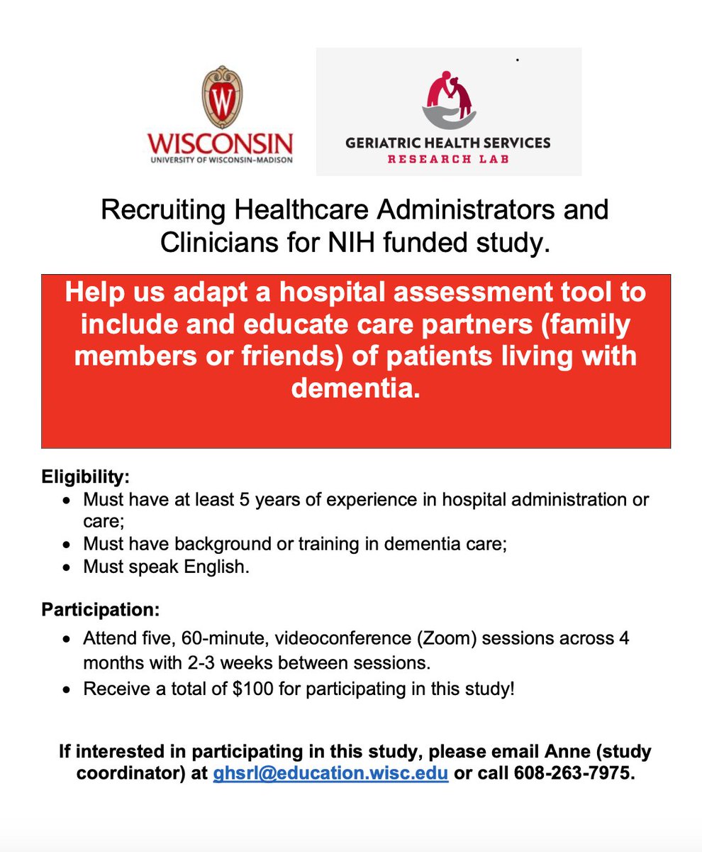 Are you a hospital-based clinician with 5+ years of experience passionate about improving care
for those living with #dementia and their #caregiver? 
<a href="/befields10/">Beth Fields</a> and her team are looking for #participants to take part in #research on #dementiacare!