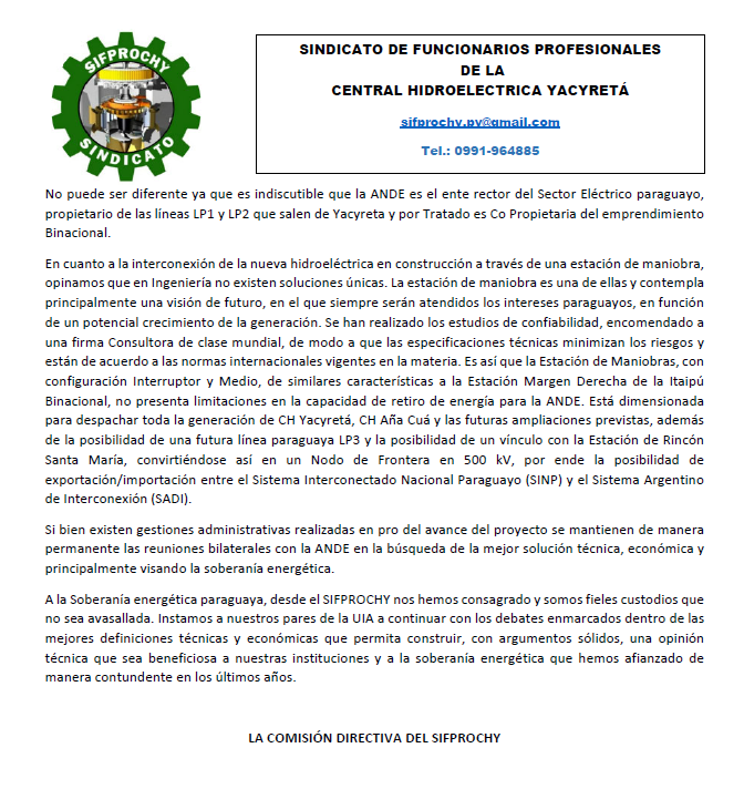 sifprochy's tweet photo. Comunicado N°01/2023, del Sindicato SIFPROCHY , en contestación al comunicado del Gremio UIA de la ANDE, relacionado al proyecto de construcción de la Estación de Maniobra en 500 kV para la interconexión de la ampliación de la Central Hidroeléctrica Yacyretá en Aña Cuá. https://t.co/lNkaXPK1bR