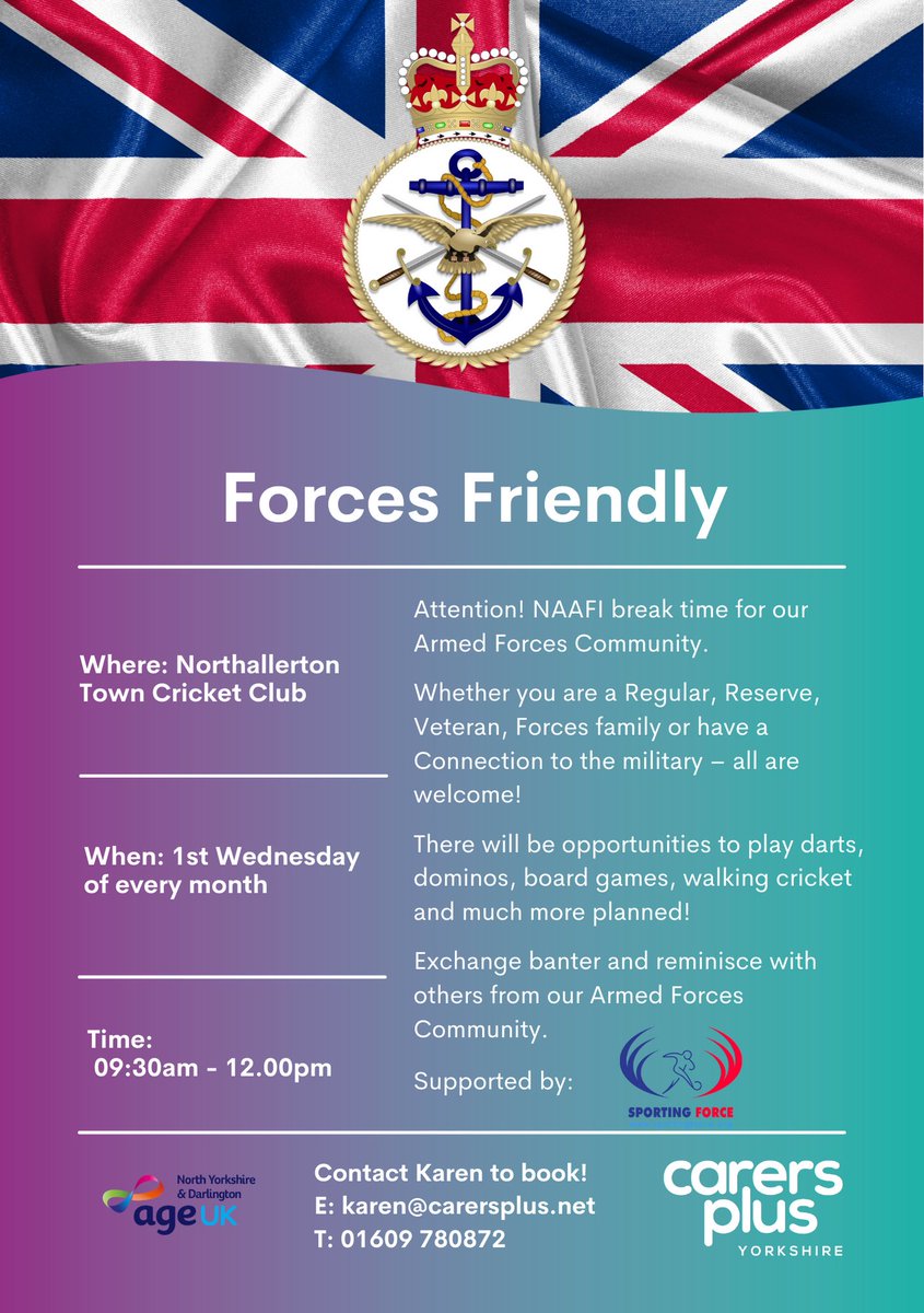CPYorks's tweet photo. NEW group for the Armed Forces Community in Northallerton!
Join us, @ageuknyd and @sportingforce on Wednesday 5th April for a chat and games with like-minded people. You can book onto the first group at: https://t.co/iy1ETw2lDo
#wecare #forcesfriendly https://t.co/4hJXKf7rEZ