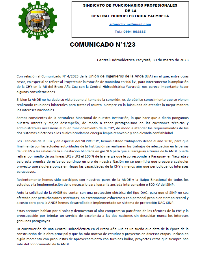 sifprochy's tweet photo. Comunicado N°01/2023, del Sindicato SIFPROCHY , en contestación al comunicado del Gremio UIA de la ANDE, relacionado al proyecto de construcción de la Estación de Maniobra en 500 kV para la interconexión de la ampliación de la Central Hidroeléctrica Yacyretá en Aña Cuá. https://t.co/lNkaXPK1bR
