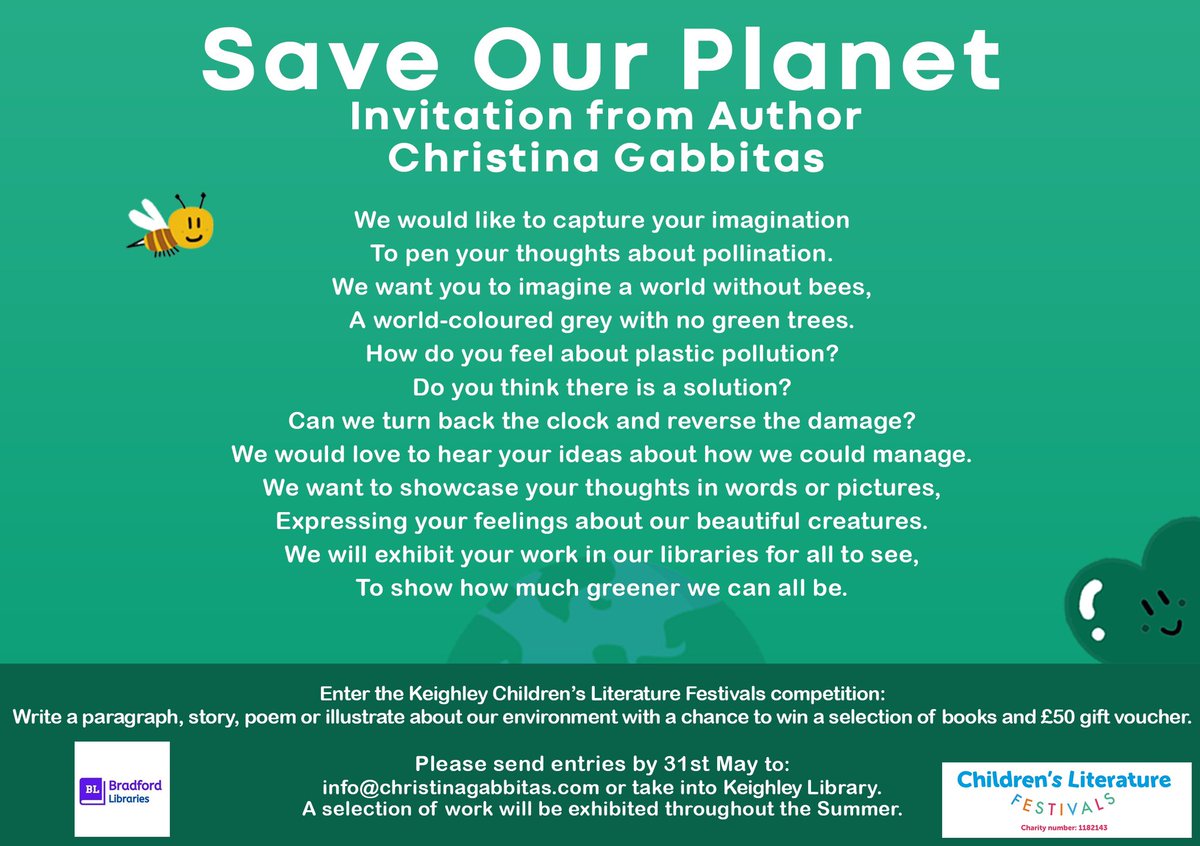 ChildrensLFests's tweet photo. Children and young people across #Keighley are invited to write a paragraph, story, poem or illustrate about our environment. ⬇️ #saveusfromplastic #saveourplanet https://t.co/OFBBtiCOoA