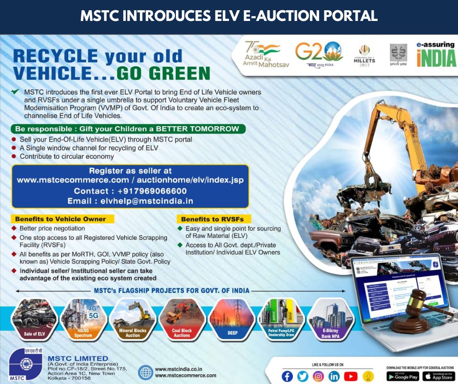 mstcindia's tweet image. MSTC introduces the #ELV E-Auction Portal to create an eco-system to channelise End of Life Vehicles.
@PibSteel @SteelMinIndia @JM_Scindia @Officejmscindia @fskulaste @FSKulasteOffice @Maruti_Corp @ToyotaMotorCorp @advhydrautech 
 
#scrapping #recycling #recycle #scrapmanagement