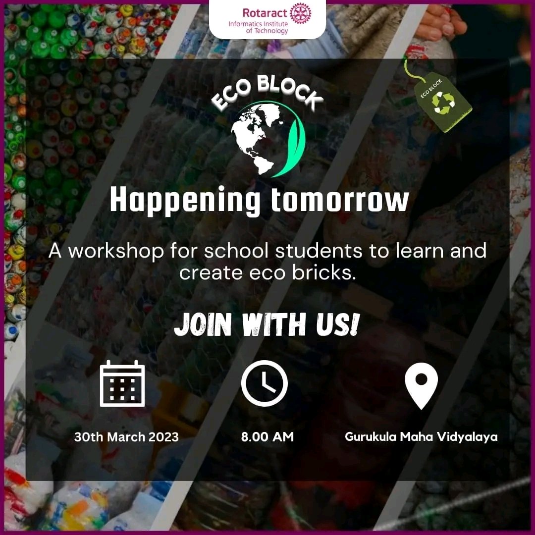 IITRotaract's tweet photo. A workshop about Eco bricks will be happening tomorrow at Gurukula College to educate students about eco bricks and their impact to the society.
#ecoblock #internationalservice #workshop #rotaract3220 #LearnServeandStrive #imaginerotary #RACIIT #weareraciit https://t.co/4gEIHThhUF