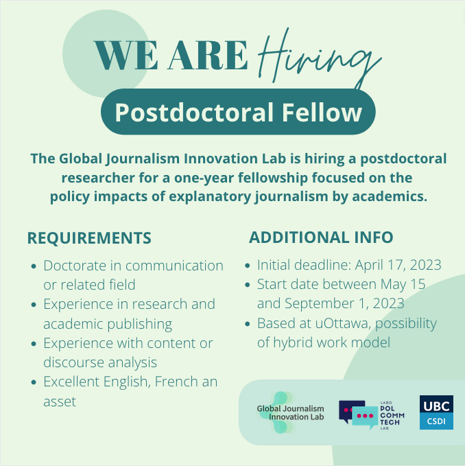 🗓️TWO WEEKS TO APPLY! Join the team! @lizdubois, @HeidiTworek & @f_mb are hiring a postdoc at with a background in communication or related field, for a one-year fellowship focusing on the policy impacts of explanatory journalism by academics.

📝APPLY: techlaw.uottawa.ca/opportunities/…