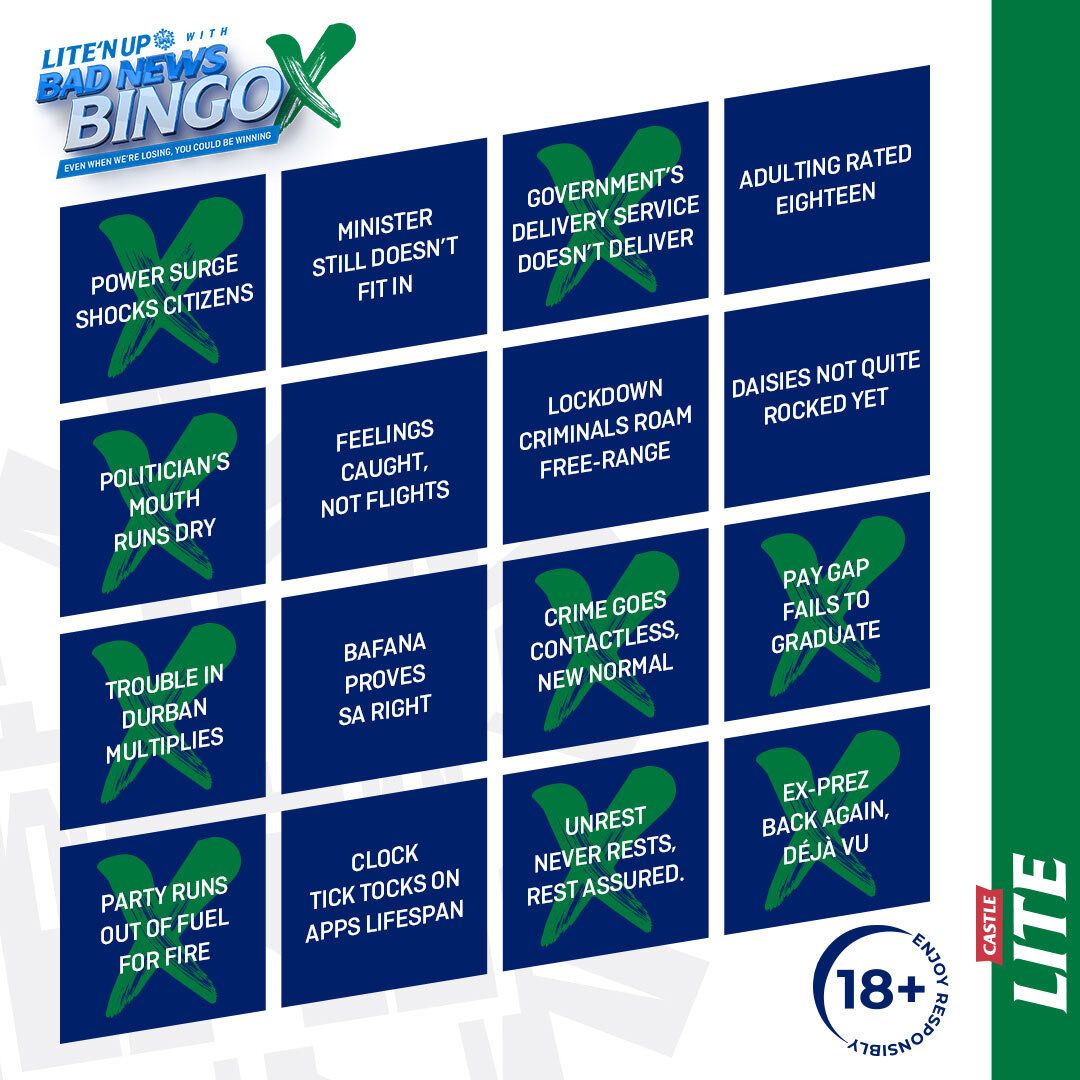 castlelitesa's tweet photo. Durban ke Jumanji🤞but we’re here to #LitenUp our Lite-ies!❄️ “Trouble in Durban multiplies” - BINGO! 

Qt using #BadNewsBingo if you’d like us to #LitenUp your heavy❄️ Who knows, luck might be waiting in your DMs🍺 https://t.co/XgQ7GW0uWy