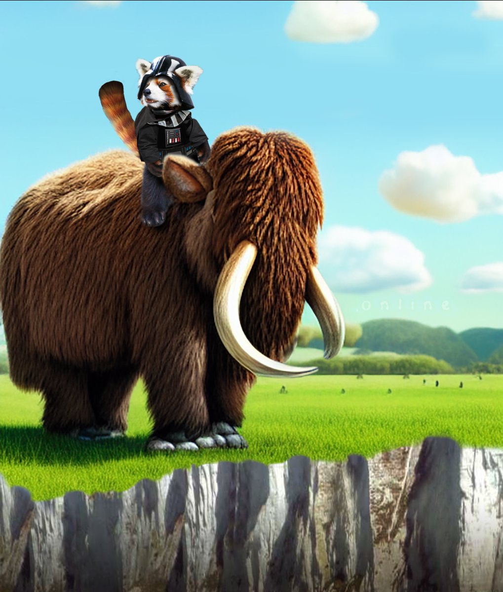 it is your fren darth, the red panda, riding a mastodon standing on a green grassy field with a beautiful sky with a few puffy clouds
the mastodon and green grassy field were generated with stable diffusion some sort of ai art generating app that created the image by typing in something like 'show me a wooly mammoth standing in green grass with puffy clouds in the spring time'