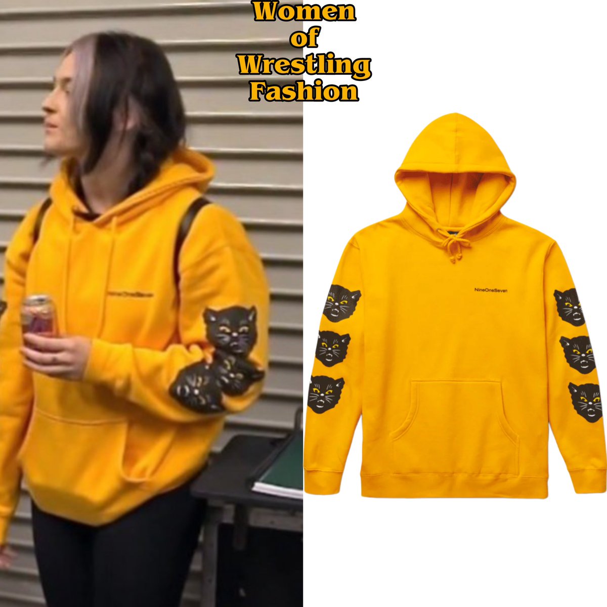 WmenWrstlinFash's tweet image. #AEWAllAccess EP1: @jmehytr wore Black Cat Gold Hoodie from #NineOneSeven ($100 - size S only)