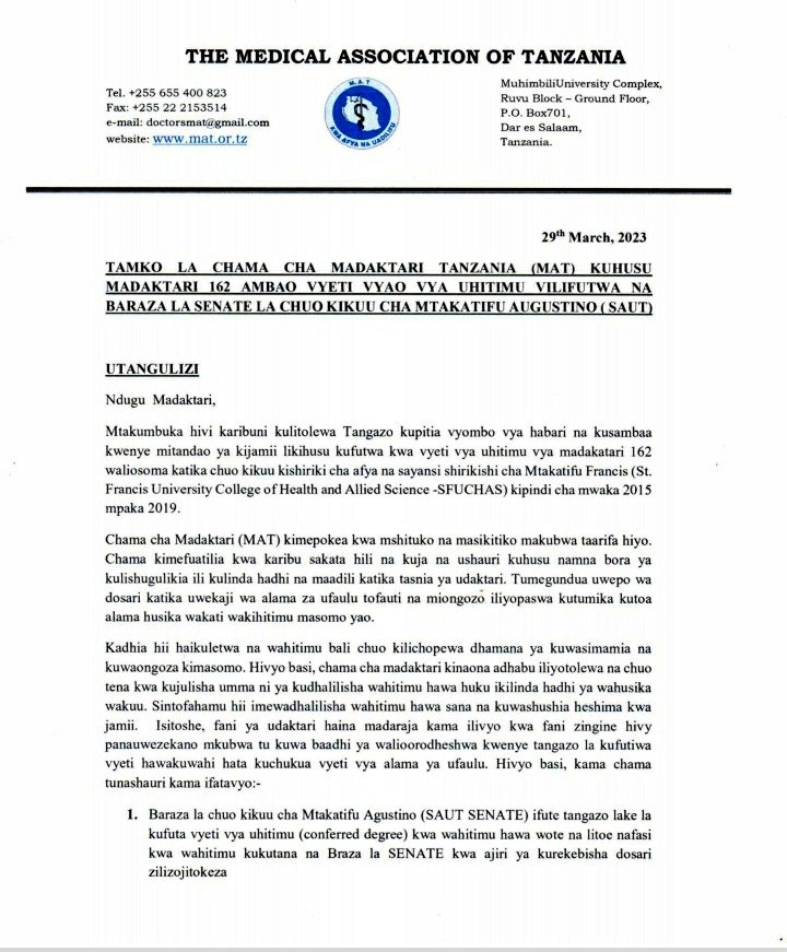 association_mat's tweet image. Tamko la Chama cha Madaktari Tanzania kuhusu madaktari 162 ambao vyeti vyao vya uhitimu vilifutwa na Chuo kikuu cha mtakatifu Augustino (SAUT).