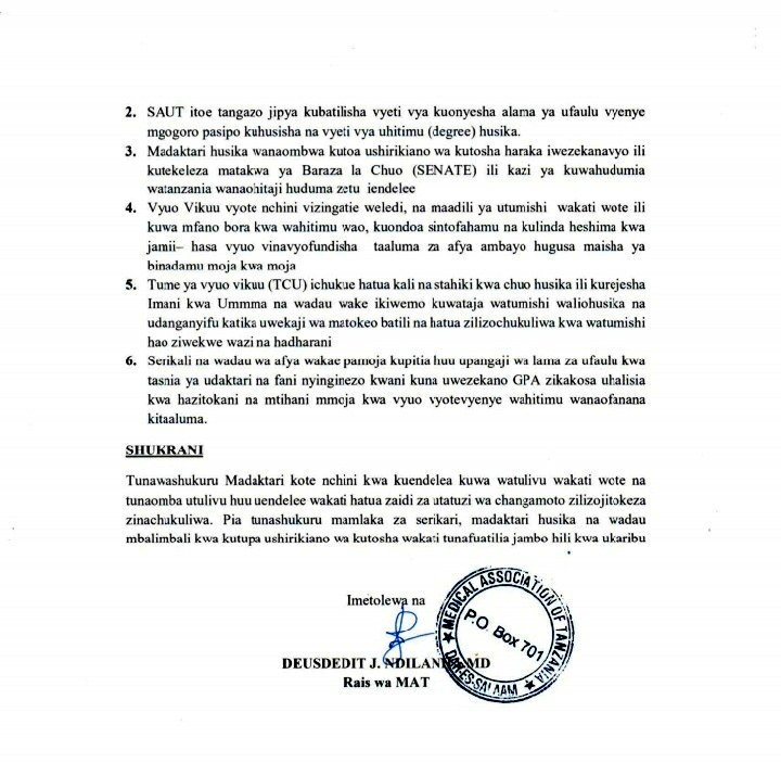 association_mat's tweet image. Tamko la Chama cha Madaktari Tanzania kuhusu madaktari 162 ambao vyeti vyao vya uhitimu vilifutwa na Chuo kikuu cha mtakatifu Augustino (SAUT).