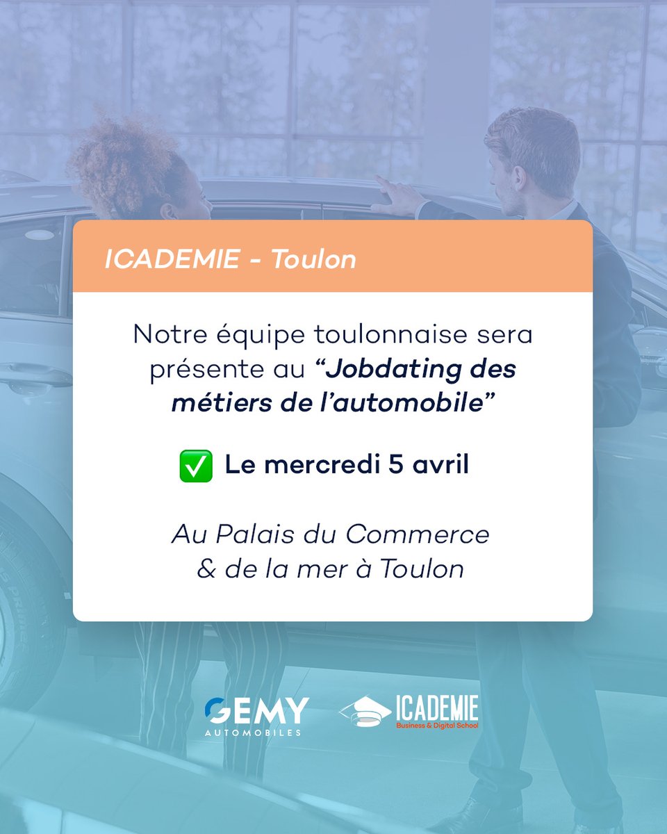 Vous cherchez à travailler dans le monde de l'#automobile ? 🚗💨

Vous êtes chanceux, car nous participons au #Jobdating du groupe GEMY dédié à ce secteur palpitant !
On se donne rendez-vous ?

✅ Le mercredi 5 avril de 10h à 18h
📍 Au Palais du commerce et de la mer à Toulon