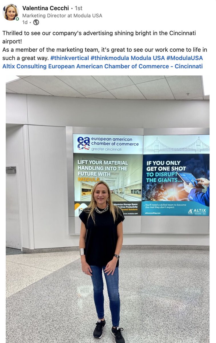 ModulaUS's tweet image. Modula&apos;s Marketing Director visits our @CVGairport  banner to see the creative work of our team in person! 
#thinkvertical #thinkmodula 
@EuropeCincy