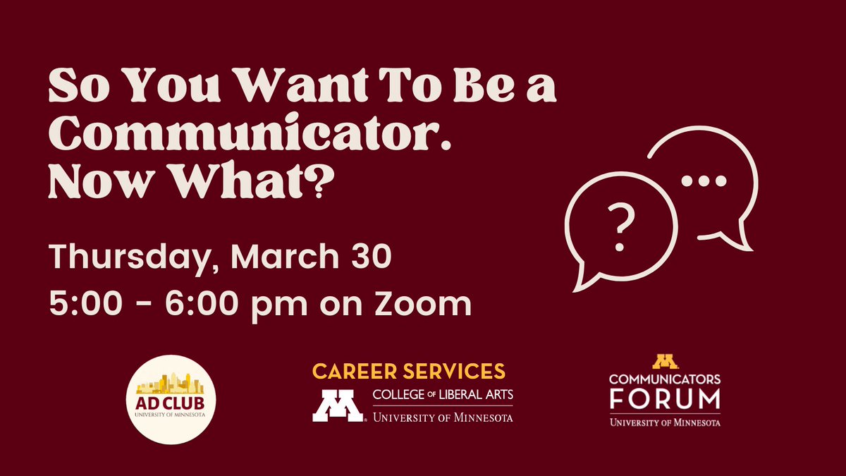 umcf's tweet image. Ever wonder what kinds of career paths communicators take? Panelists will speak &amp;amp; answer questions about their career stories &amp;amp; current roles, ranging from higher ed communications to non-profits to journalism.
Register: z.umn.edu/CForum
Free code for students: UMCFFREE23