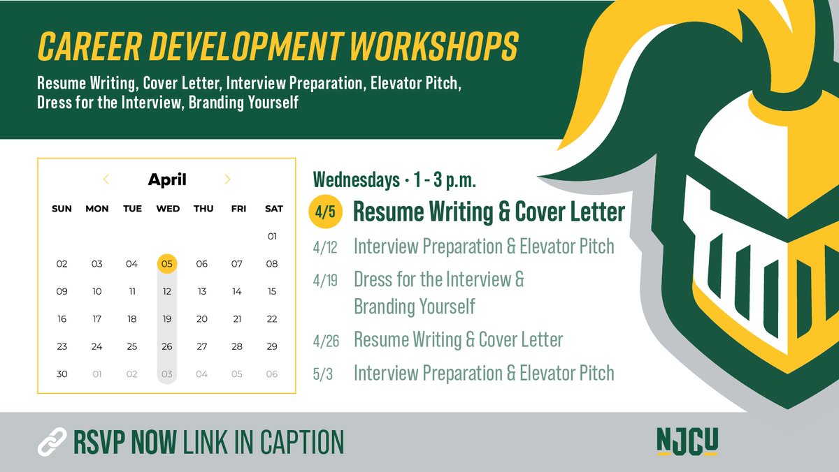 keanjerseycity's tweet photo. #Career Development Workshops Wednesdays • #Resume Writing, Cover Letters, #Interview Preparation, Elevator Pitch, Dress for the Interview, + #Branding Yourself

🗓️ Wednesdays, April 5, 12, 19, 26 and May 3 | 1-3 p.m.
📍 Zoom
🔗 RSVP NOW https://t.co/FlvpX6z3oL

#NJCU #jobsearch https://t.co/2E4YBAemiq