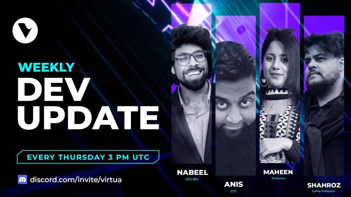 VirtuaMetaverse's tweet photo. Join us for today's episode of #WeeklyDevUpdate on Discord!
Tune in at 3PM UTC to catch up on the latest developments in the #Metaverse world with Anis (#Virtua CTO) and Nabeel (@BigImmersive CEO ) & special guests Maheen and Shahroz talking about the new dashboard and up coming games!
https://t.co/fnLZ9nVaLM
#TechNews $TVK #NFT #AMA