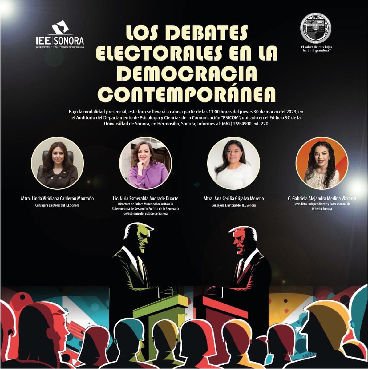 Hoy hablaremos sobre los Debates Electorales y nuestra experiencia en ellos, en este foro del <a href="/IEESonora/">IEE Sonora</a> al que agradezco me invitaran junto a las consejeras Cecilia Grijalva y <a href="/LindaVCalderon/">Linda Calderón</a>, con la moderación de <a href="/niriaandrade/">Niria Andrade</a>.

Regreso a mi 💜 <a href="/SoyUnison/">Soy Unison</a> 11am Auditorio PSICOM