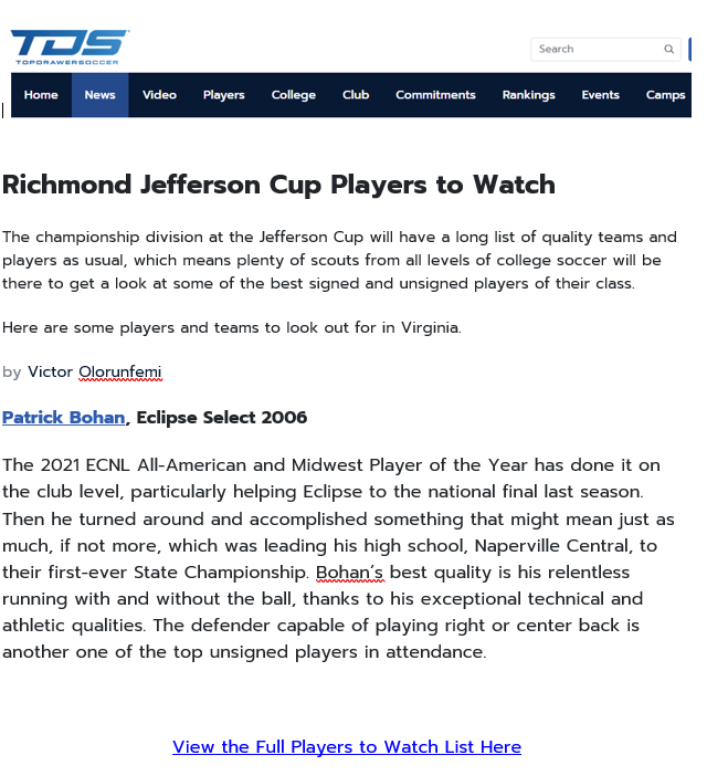 PatrickBohan31's tweet photo. Honored to be listed as a "top player to watch" for the Richmond Jefferson Cup this weekend.  Looking forward to some great competition with my @eclipse06ecnl Team!                                 @TopDrawerSoccer @EclipseSelectSC @ECNLboys @jeffersoncup https://t.co/IhGuFOBpkF