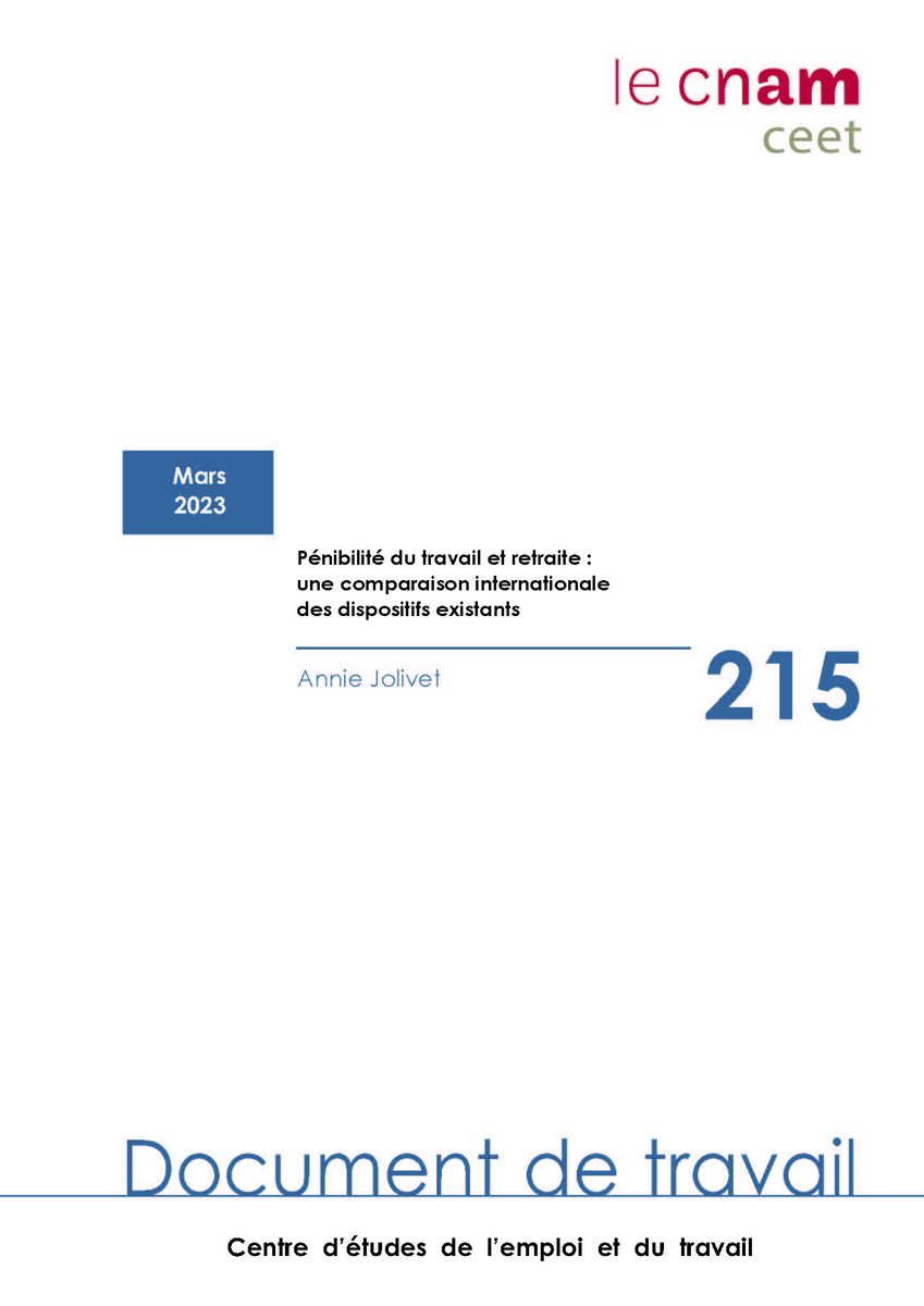 VIENT DE PARAÎTRE 

Le n° 215 de Document de travail intitulé "#Pénibilité du #travail et #retraite : une comparaison internationale des dispositifs existants" 

Autrice : Annie Jolivet 

📕ceet.cnam.fr/publications/d…