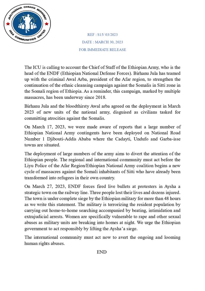 AssociationIcu's tweet photo. Press statement regarding civilians coldly killed by #ENDF in #Aysha Town, Somali Region. #StopAyshaMassacre https://t.co/J5F5OjhaqW