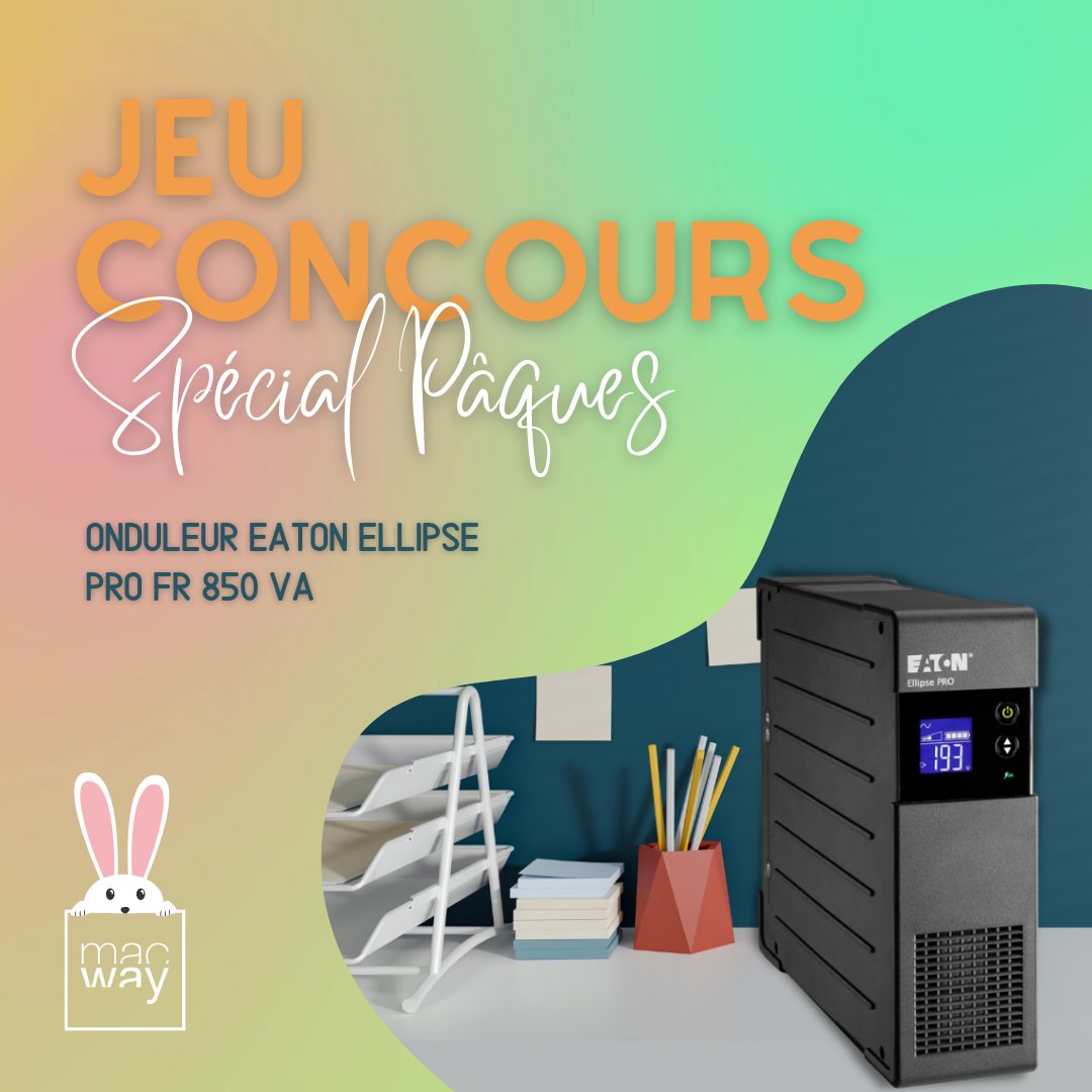 macway_fr's tweet photo. CONCOURS SPÉCIAL PÂQUES ! 🐰

À l'approche des fêtes de Pâques, on a décidé de vous faire gagner un super cadeau  ! 🌩

À GAGNER :

▪️Onduleur Eaton Ellipse PRO 850 FR
 
POUR PARTICIPER :

🔹Suivre @macway_fr
🔹Aimer et RT
🔹Identifier 2 amis

TAS le 6 avril, bonne chance ! 🍀 https://t.co/IZDCnvOfXJ