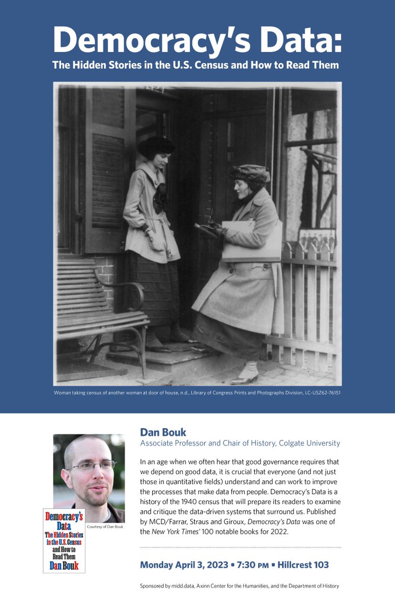 MiddData's tweet image. midd.data Lecture April 3 at 7:30pm Hillcrest 103. Dan Bouk, Colgate Univ: Democracy's Data: The Hidden Stories in the U.S. Census and How to Read Them
@Middlebury @ColgateHistory