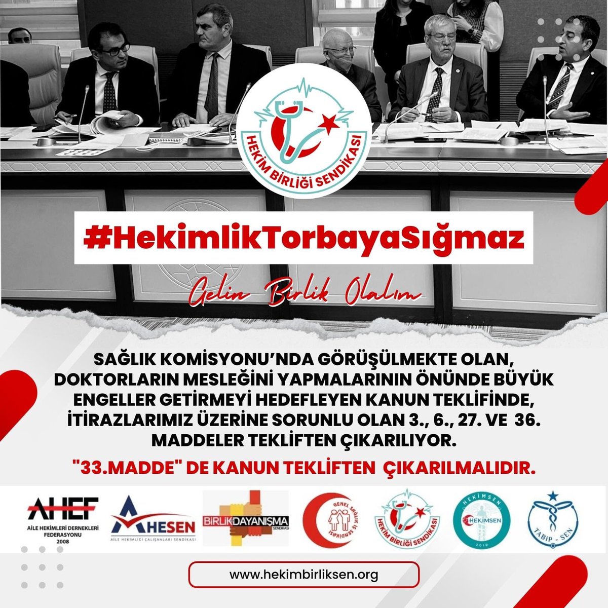 Hekimlik torbaya sığmadı! Ortak mücadelemiz sonuç verdi ve kanun teklifinin 3., 6., 27. ve 36. maddelerin tekliften çıkarılacağı bilgisi bizlere ulaşmıştır. "33.madde" de kanun teklifinden çıkarılmalıdır. Süreci tüm hekimler yakından takip etmektedir. <a href="/DrRecepAkdag/">Recep Akdağ</a> <a href="/fikretsahin10/">Fikret Şahin🇹🇷</a>