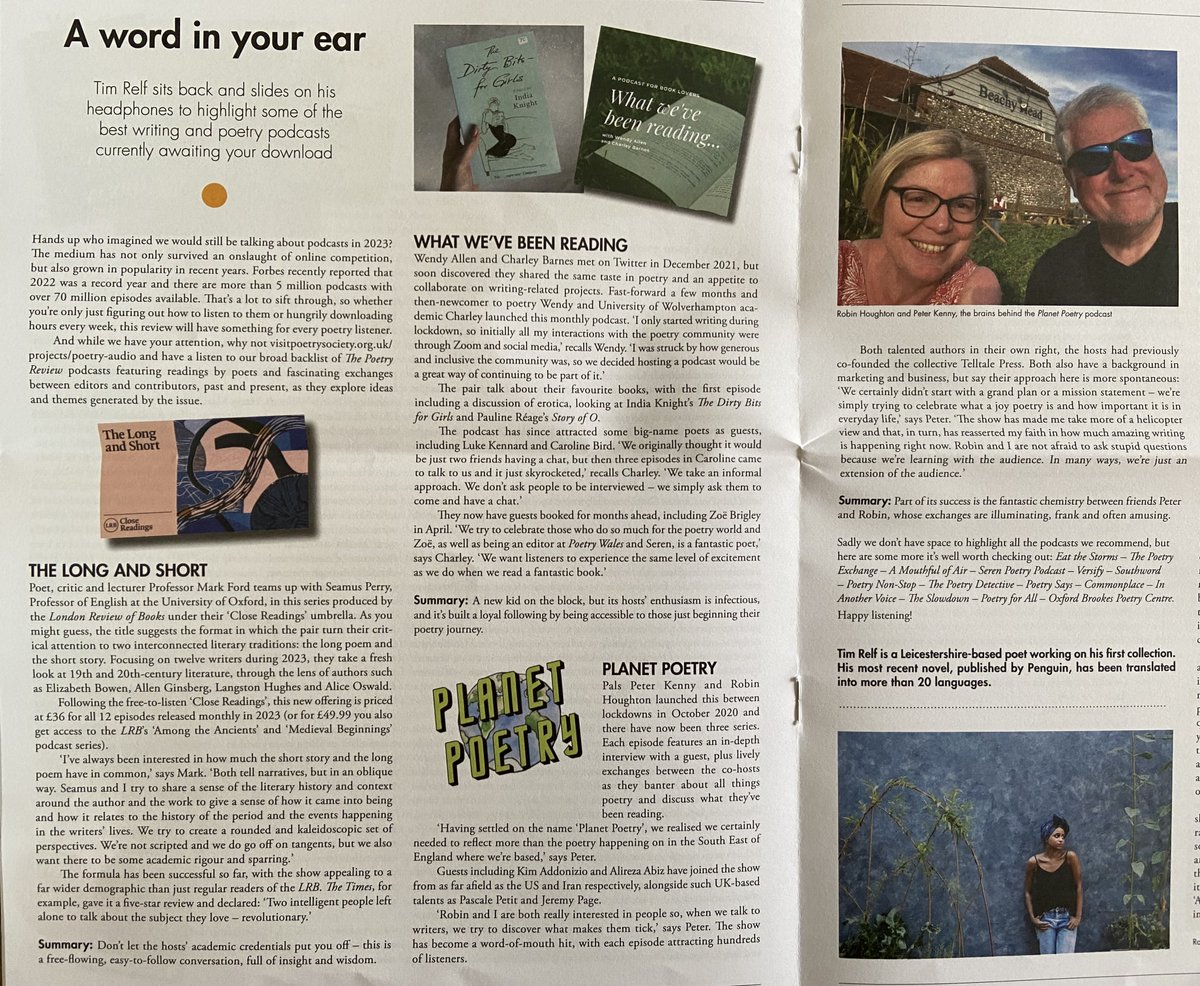 More recommendations... those lovely people at <a href="/PoetrySociety/">The Poetry Society</a> asked me to research some wonderful  podcasts for the spring issue of Poetry News, hot off the press. <a href="/brookespoetry/">BrookesPoetryCentre</a> <a href="/CommonplacePod/">Commonplace Podcast</a> <a href="/amouthfulofair/">A Mouthful of Air</a> <a href="/poetrypodcats/">Poetrypodcats - Versify The Poetry Podcast</a> <a href="/poetrynonstop/">Poetry Non-Stop</a> <a href="/inanothervoice/">In Another Voice Podcast</a> <a href="/PoetryForAllPod/">PoetryForAll</a>