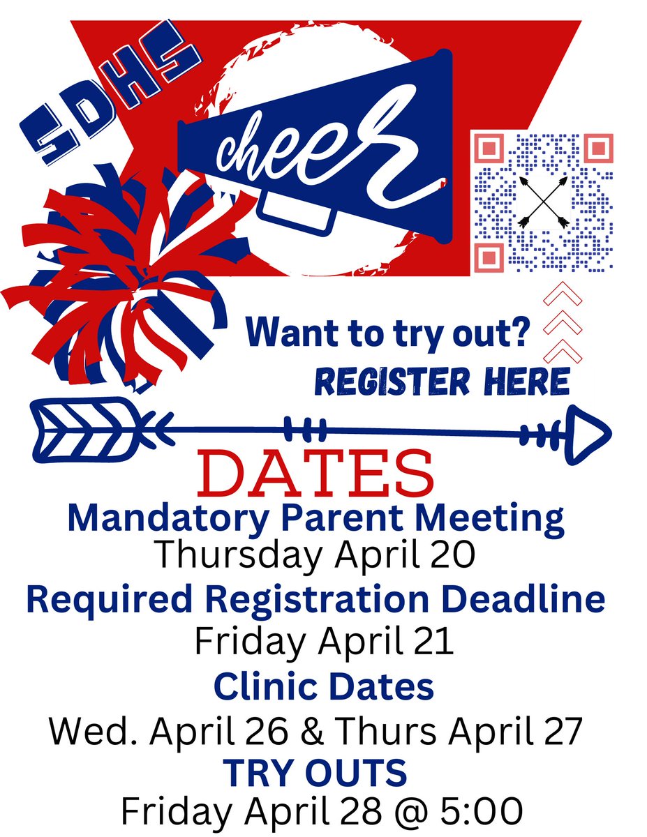 Anyone interested in cheerleading <a href="/southdoylehs/">𝐒𝐨𝐮𝐭𝐡-𝐃𝐨𝐲𝐥𝐞 𝐇𝐢𝐠𝐡 𝐒𝐜𝐡𝐨𝐨𝐥</a> come out to the parent meeting on April 20! You can pre-register for tryouts by following the QR code. <a href="/DarylChandler/">Daryl Chandler</a> <a href="/SDHS_DrCarr/">Brad Carr</a> @SDpaulshelton