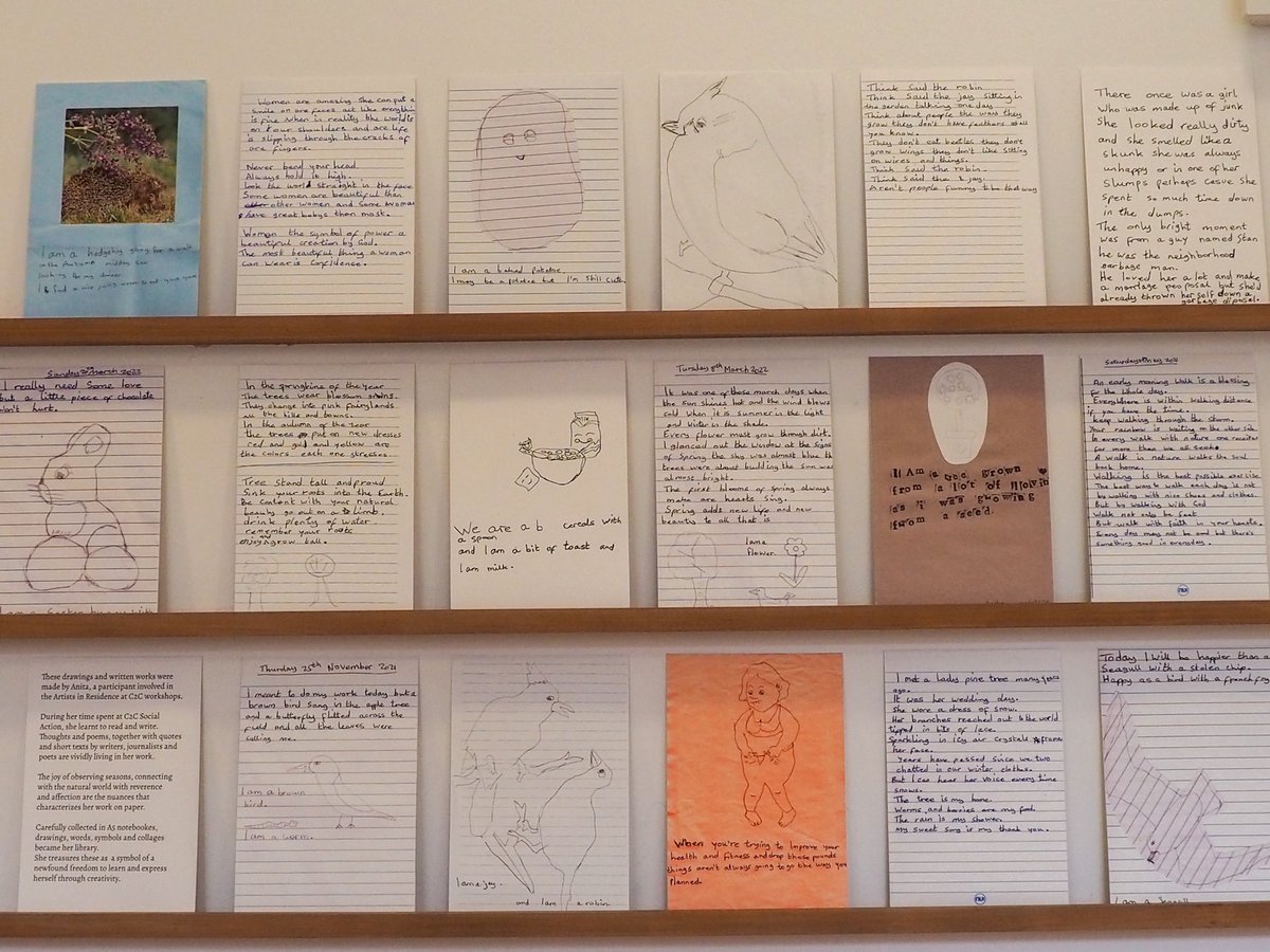 JusticeMuseum's tweet image. The drawings and written works shown in our #ProjectLab were made by Anita. During her time at C2C Social Action, she learned to read and write

Her thoughts and poems, together with quotes and short texts by writers, journalists, and poets are visible in her work
