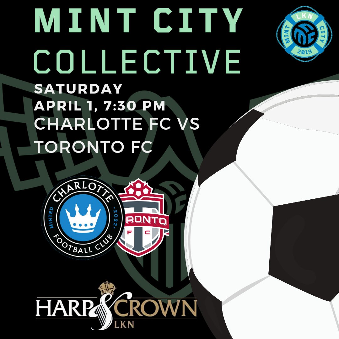 Come out to @theharpandcrown

  in Cornelius to watch <a href="/CharlotteFC/">Charlotte FC</a>

 as they take on <a href="/TorontoFC/">Toronto FC</a> 
 
 on Saturday Night 4/1 at 7:30pm!
