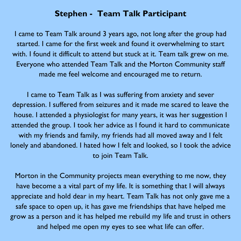 MortonCommunity's tweet photo. 𝟐 𝐃𝐚𝐲𝐬🎂 #Mor10

Meet Stephen - Team Talk Participant.

Stephen tells us about his life and how Morton in the Community projects such as Team Talk and Breakfast has changed it for the better💙

Thank you, Stephen👏

#MoreThanFootball

Donate here➡️ https://t.co/V5qLEW1zdX https://t.co/9DGYcwH0U8