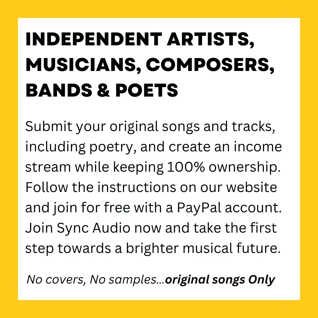 SyncAudio's tweet image. Take your music career to the next level with our music licensing opportunities for unsigned and independent musicians, artists, bands, composers, and poets. Join us today!
#independent #unsigned #independentmusic #unsignedtalent #bands #musicians #artists #independentmusic