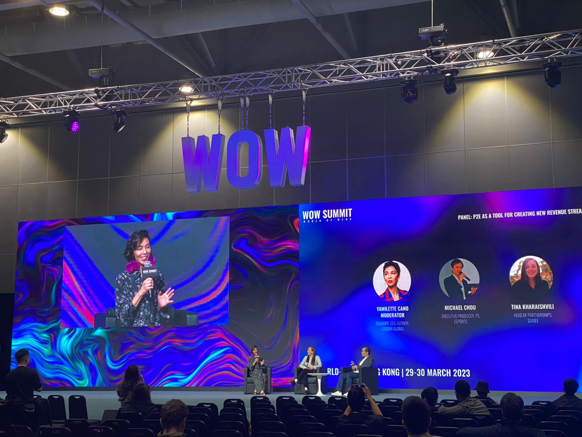 LOUDERGlobal's tweet photo. Incredible time at @WOWsummitWorld in APAC! Honored to moderate a panel w/ Michael Chou (PS Esports) &amp; @Tina8verse (GAMEE) on P2E's gaming potential🎮. Learned lots &amp; connected w/ experts in HK! Thanks to AsiaWorld-Expo, OKX, MaGESpire, speakers &amp; @MsEmmaWallace for fab outfits✨ https://t.co/YfGZ4MzTgH