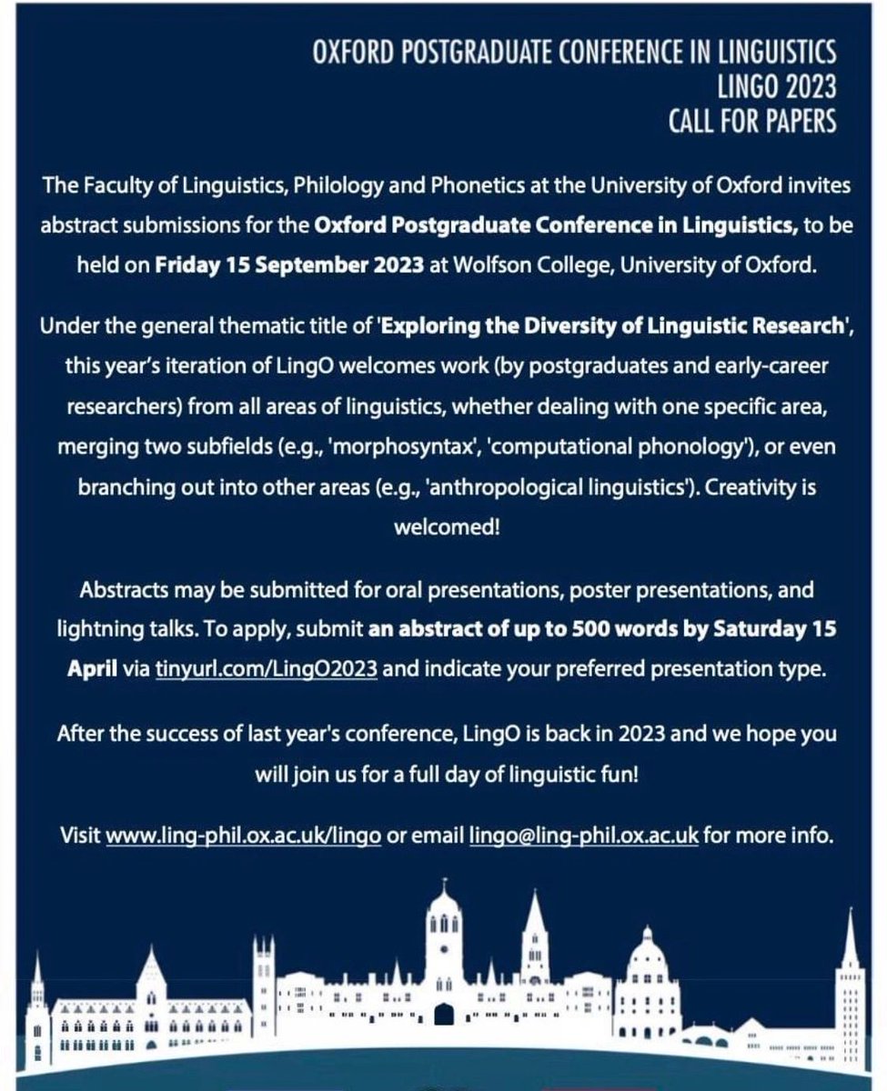 Daniel Altshuler (@dr_semantic) on Twitter photo Call for papers for LingO 2023 (‘Exploring the Diversity of Linguistic Research’) at <a href="/UniofOxford/">University of Oxford</a>, welcoming work by postgraduates and early-career researchers from all areas of linguistics. More information about the conference can be found here: ling-phil.ox.ac.uk/lingo. Call for papers for LingO 2023 (‘Exploring the Diversity of Linguistic Research’) at <a href="/UniofOxford/">University of Oxford</a>, welcoming work by postgraduates and early-career researchers from all areas of linguistics. More information about the conference can be found here: ling-phil.ox.ac.uk/lingo.