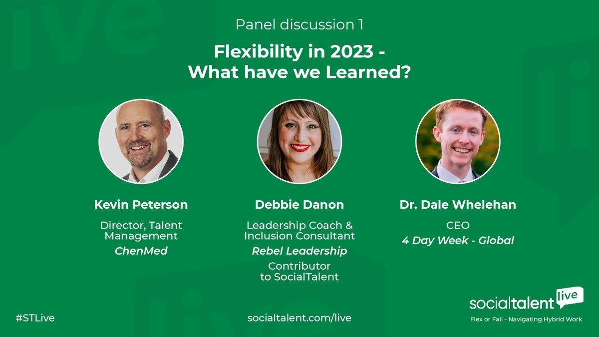 SocialTalent: Our first panel will set the foundation for our discussion on #flexiblework today 💡

Facilitated by <a href="/DebbieLDanon/">Debbie</a>, we’re welcoming <a href="/DrDaleford/">Dr Dale Whelehan</a>, CEO of 4-Day Week Global, and Kevin Peterson, Director of Talent Management at <a href="/ChenMed/">ChenMed</a> 

Le…