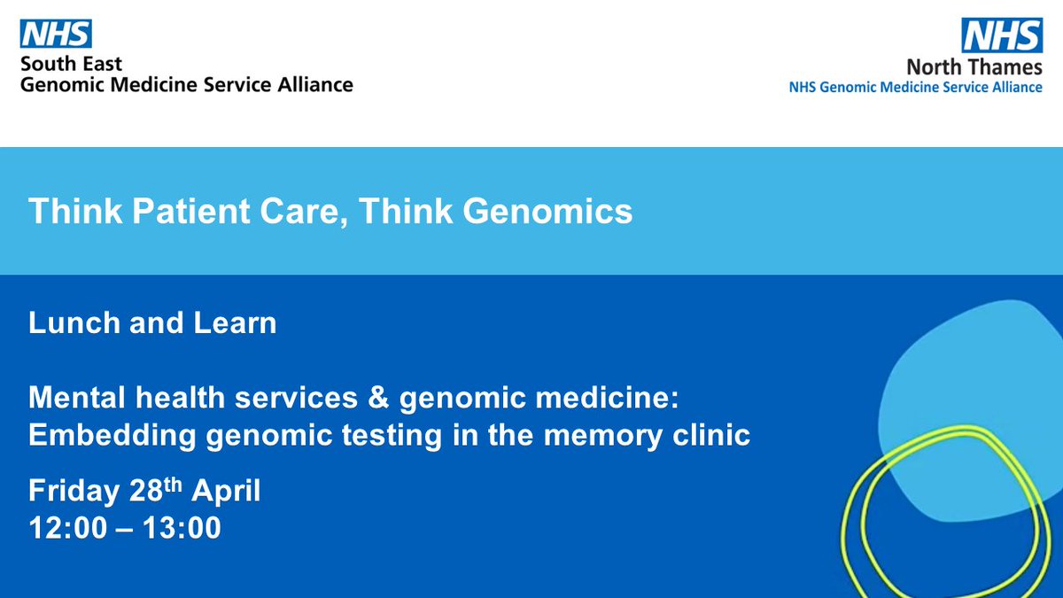 Nurses &amp; Midwives are invited to our #ThinkGenomics Lunch &amp; Learn on mental health services and genomic medicine

Agenda: role of genomics &amp; unmet need in MH services / patient experience / North Thames transformation project

28 April 12pm

Find out more: bit.ly/3TUeLVy