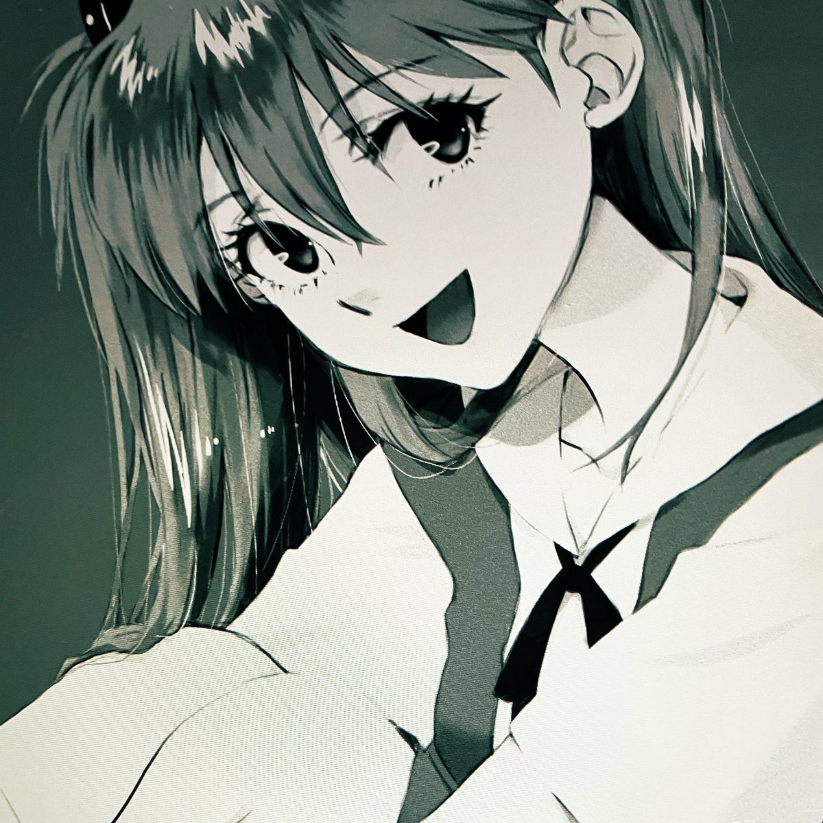 souryuu asuka langley 1girl solo monochrome smile school uniform long hair open mouth  illustration images