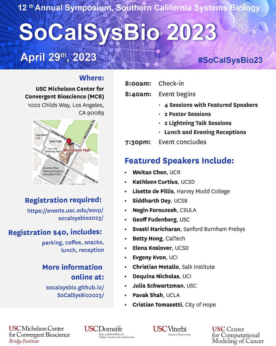 USCBridge's tweet image. We are excited to announce the upcoming SoCalSysBio Event being held at USC! We have some incredible speakers lined up, as well as some amazing poster sessions and lightening talks! Registration for this event closes April 15th so don’t miss out! events.usc.edu/esvp/socalsysb…
