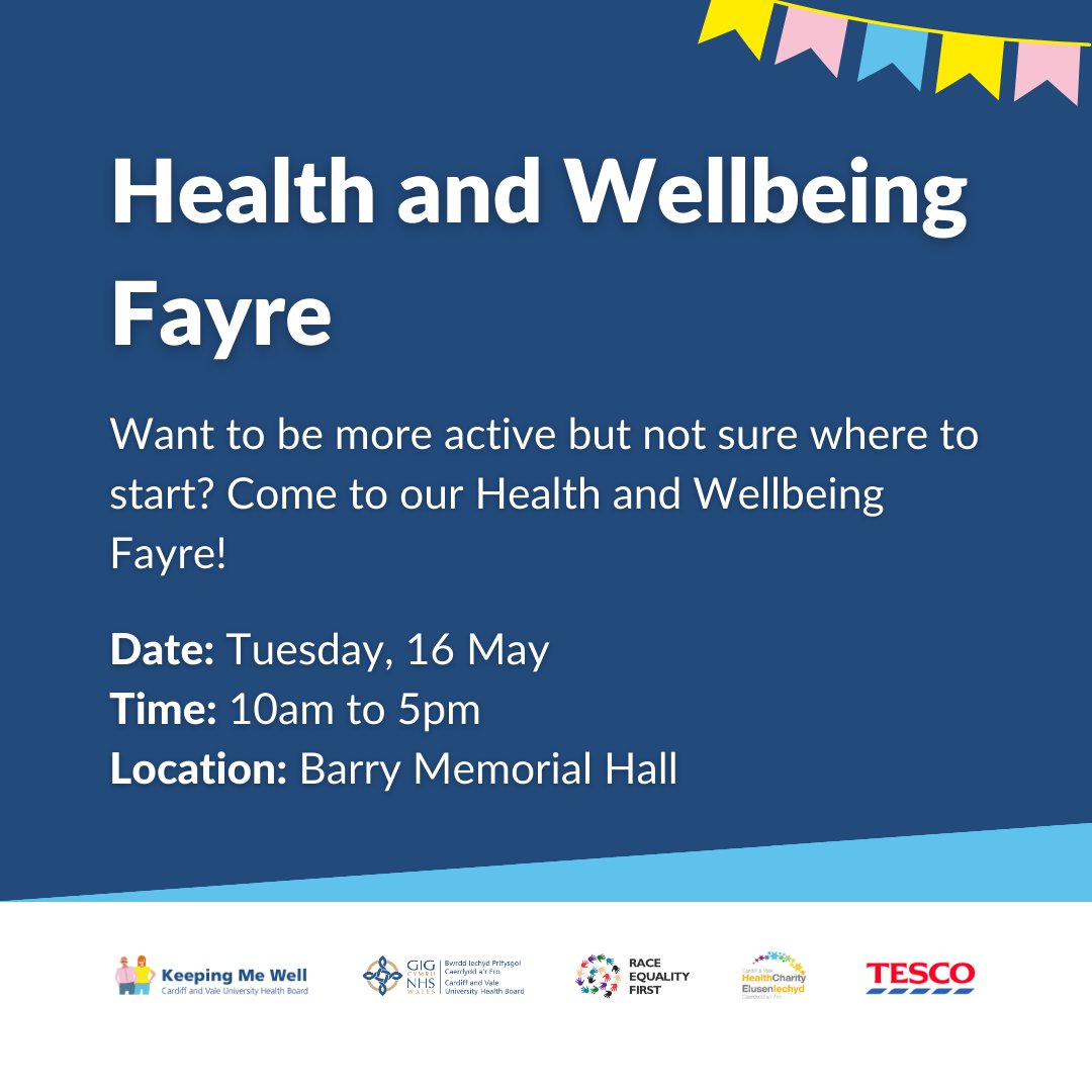 KeepingMeWell's tweet photo. Come along to our Health and Wellbeing Fayre at Barry Memorial Hall on 16th May! 

A range of partners will be holding exciting stalls and workshops including Down to Earth Health Meadow, ESCAPE Pain, Zumba with Tracey Raikes and With Music in Mind. 

https://t.co/ZaxB0pY8Me https://t.co/7Spm2c3Yi0