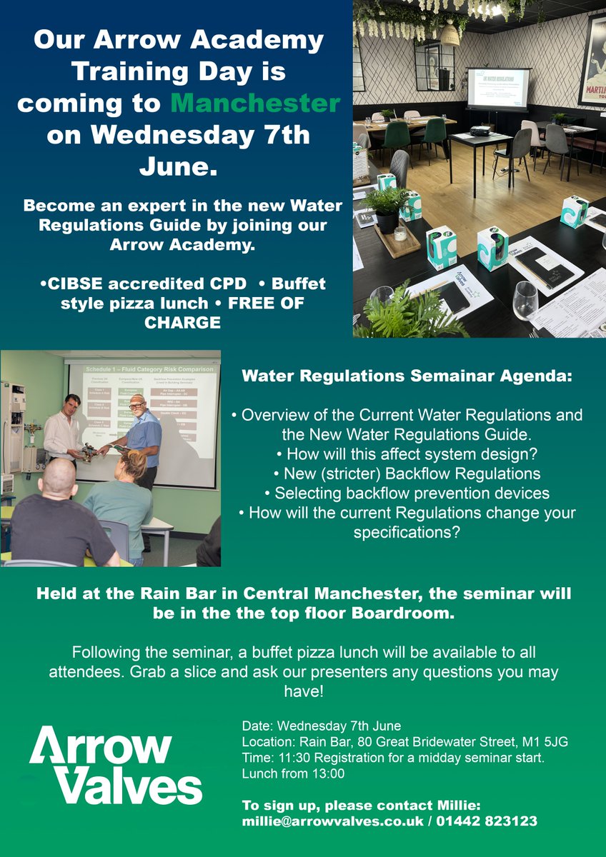 Our Arrow Academy Training Day is coming to MANCHESTER on Wednesday 7th June🎓

Our CIBSE accredited CPD seminar on the Water Regulations will be presented at The Rain Bar in Manchester followed by a pizza lunch. 🍕

Our Arrow Academy days are COMPLETELY FREE!

DM us to sign up!