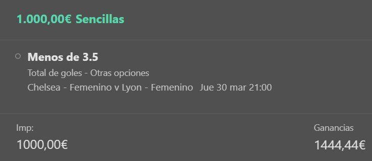 AnonymousBets_'s tweet photo. Pronostico 30/03/2023📅
🏟Champions FEM. - Chelsea vs Lyon
⏱21:00 CET
📌 Menos de 3.5 goles
🚀STAKE 1
🌐BET365

En TELEGRAM el pronostico entero 👉 https://t.co/7mPHdne7WT

#apuestasdeportivas #abets #Chelseavslyon #ChampionsLeague   #alemania #belgica #CHAMPIONSxESPN https://t.co/2aCRoND2PI