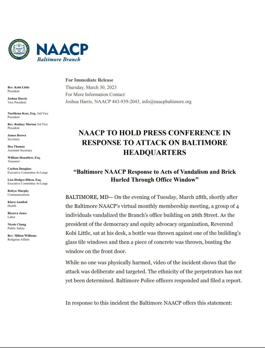 KobiLittle's tweet photo. The office of the @naacpbaltimore was attacked on Tuesday evening while I was inside of the building. This is frustrated but the @NAACP will not be deterred. https://t.co/9iWdQQGTWz