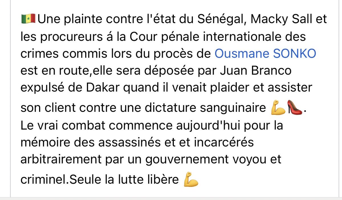 infatigable_you's tweet photo. 🇸🇳Une plainte contre l'état du Sénégal, Macky Sall et les procureurs á la Cour pénale internationale des crimes commis lors du procès de Ousmane SONKO est en route,elle sera déposée par Juan Branco expulsé de Dakar quand il venait plaider et assister son client contre…… https://t.co/vmEyCZldI2
