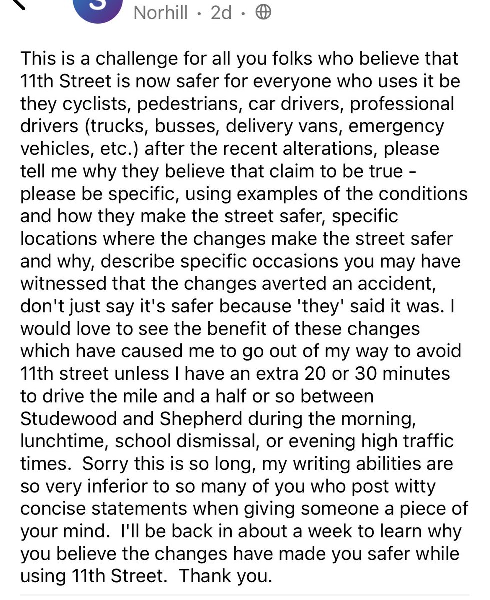 AllenAC009's tweet photo. Ah, now Norhill adds a citizen to the Heights nonsense. Some sort of Zombie fungus has taken over their minds. They make it so difficult to have nice things and difficult to enjoy them too. So many bad drivers hitting curbs.🤦‍♂️🤦‍♂️🤦‍♂️#11thST #NIMBY https://t.co/yN7VJgIpoD