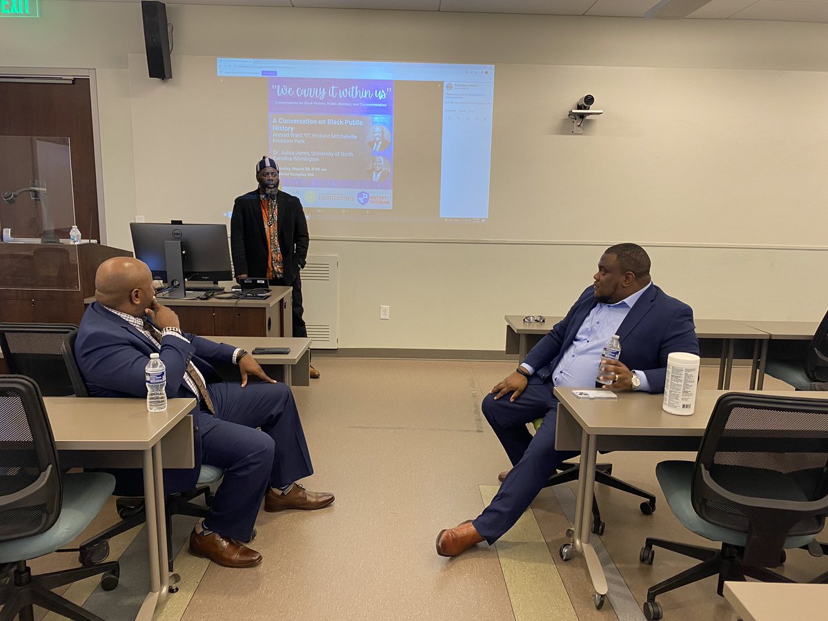 ecsuhistory's tweet photo. Mr. Ahmad Ward ‘97 and Dr. Julius Jones @UNCWilmington in conversation on Black Public History right now in Gilchrist Complex 304! #ecsuurw2023 #choosehistory https://t.co/bqiStq79Xb